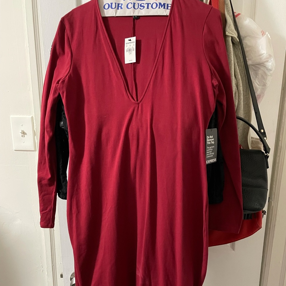 Burgundy Express deep v long sleeve dress L - Picture 2 of 5